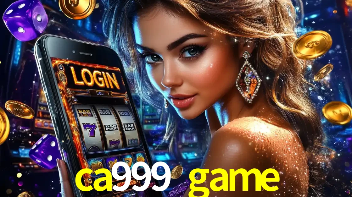 Mulher glamorosa segurando um smartphone com a tela de login para os jogos de caça-níqueis do cassino online ca999 game, com moedas de ouro e dados ao redor.